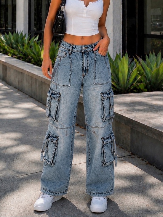 Chic Connect Denim - Chic Connect Medium Wash Cargo Jeans | Utility Denim | Baggy Cargo Pants | 11